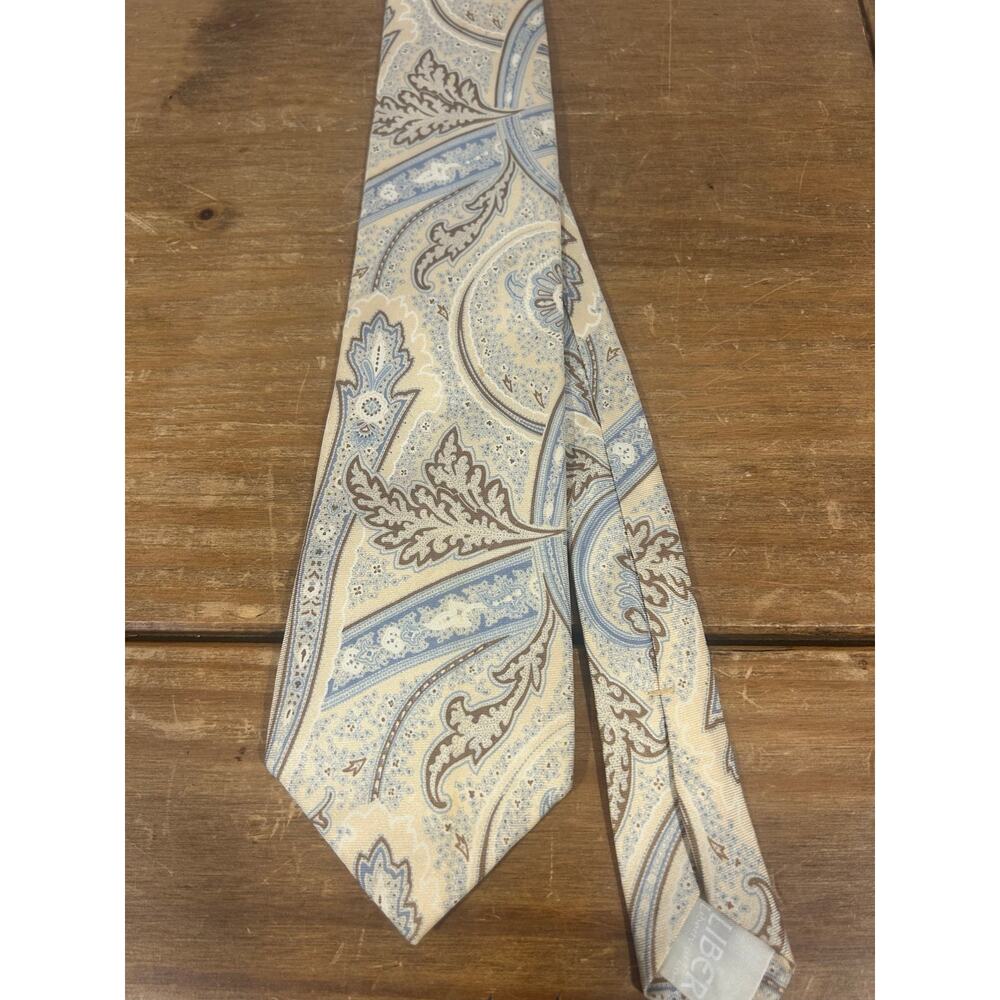 Liberty of London Silk Tie Yellow blue Brow White Print Made in USA 56 inches
